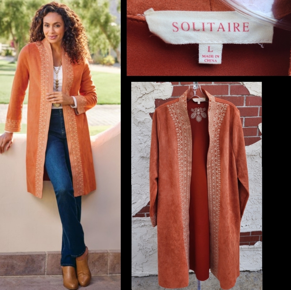LARGE SOLITAIRE long sleeve soft faux suede embroidered open jacket boho orange
